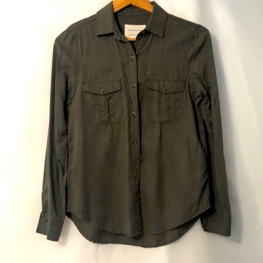 VTG Aeropostale Women’s Classic Fit Long Sleeve Blouse Olive Button Up Sz S